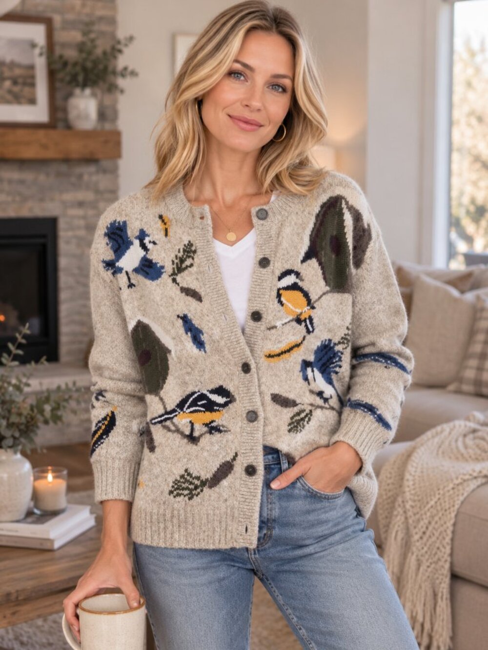 🐦 Northern Treasures Vintage Bird & Birdhouse Cardigan Wool Blend Sweater M